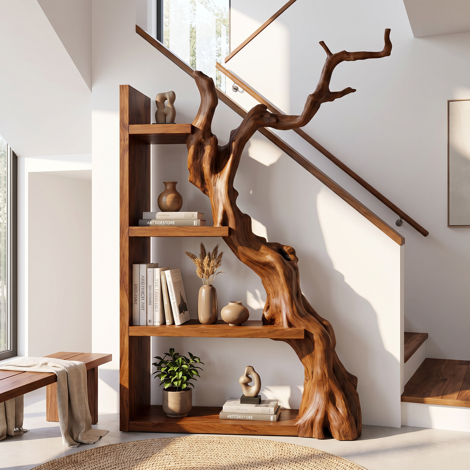 Vertical Solid Wood Bookshelf with Sculptural Tree Form Organic Modern Display Shelf