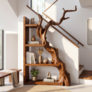 Vertical Solid Wood Bookshelf with Sculptural Tree Form Organic Modern Display Shelf
