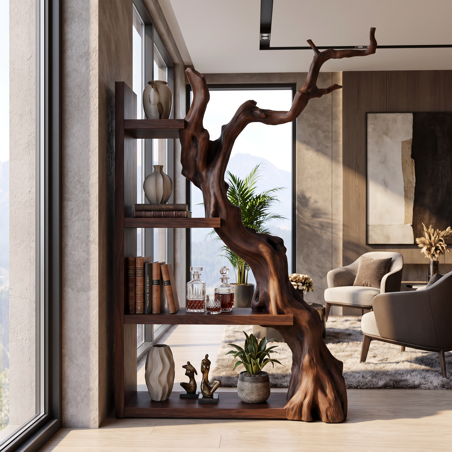 Vertical Solid Wood Bookshelf with Sculptural Tree Form Organic Modern Display Shelf