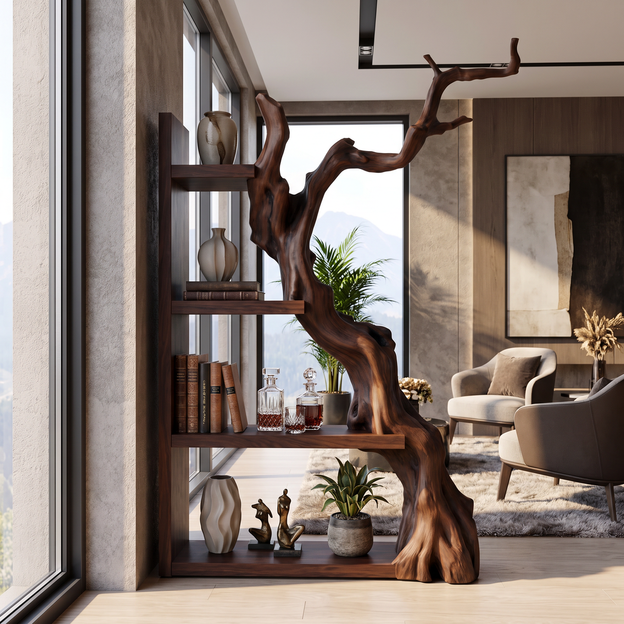 Vertical Solid Wood Bookshelf with Sculptural Tree Form Organic Modern Display Shelf