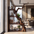 Vertical Solid Wood Bookshelf with Sculptural Tree Form Organic Modern Display Shelf
