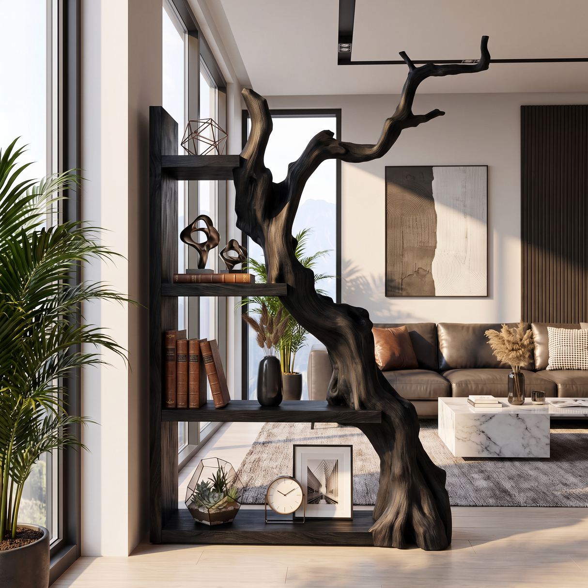 Vertical Solid Wood Bookshelf with Sculptural Tree Form Organic Modern Display Shelf