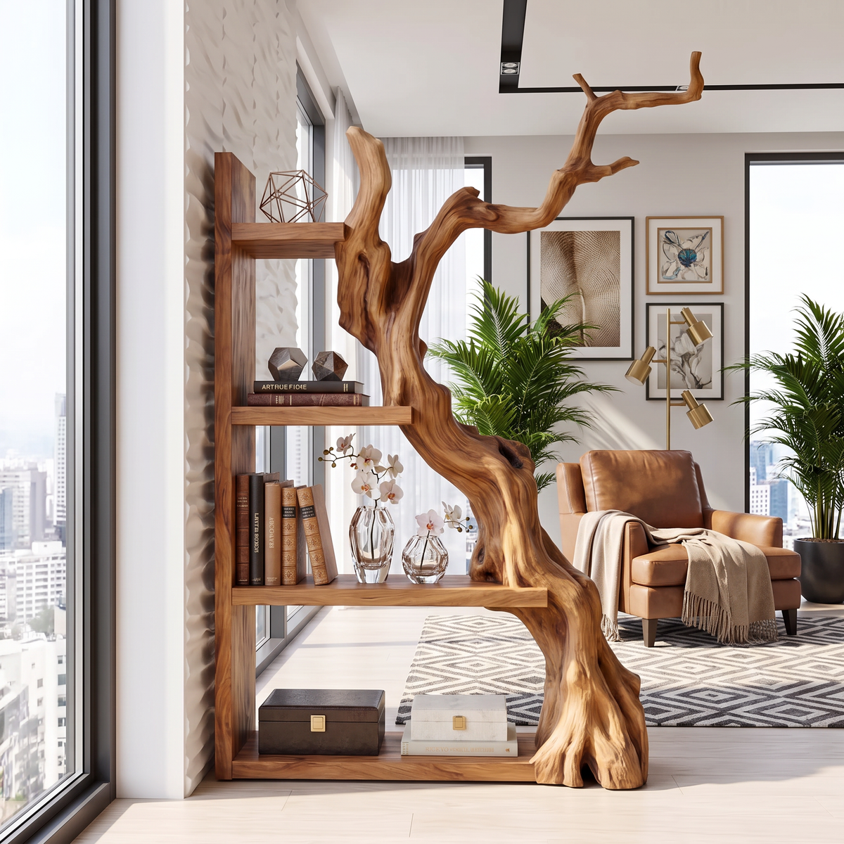Vertical Solid Wood Bookshelf with Sculptural Tree Form Organic Modern Display Shelf