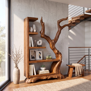 Tall Solid Wood Bookshelf with Sculptural Tree Form Organic Modern Display Shelf