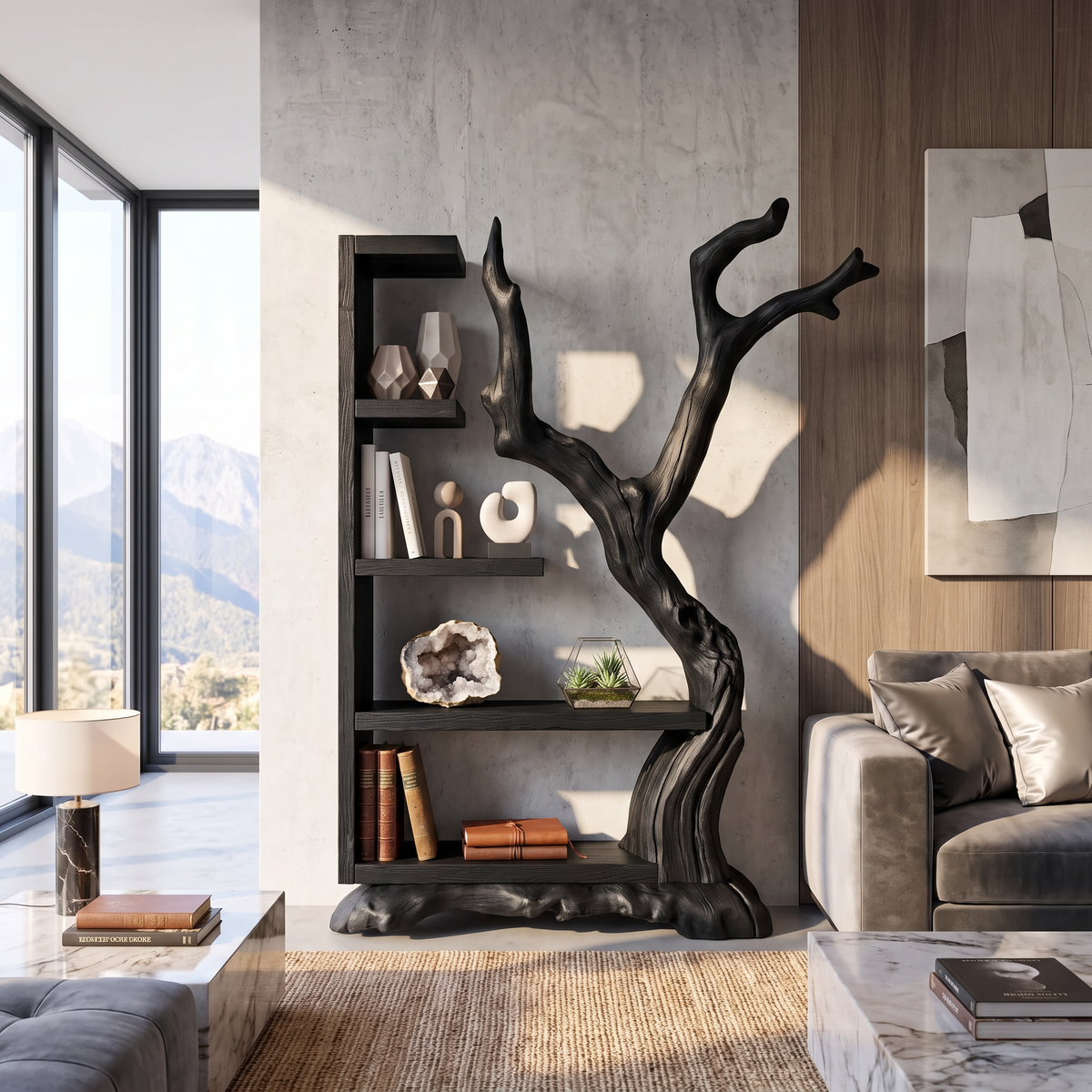 Tall Solid Wood Bookshelf with Sculptural Tree Form Organic Modern Display Shelf