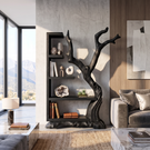 Tall Solid Wood Bookshelf with Sculptural Tree Form Organic Modern Display Shelf