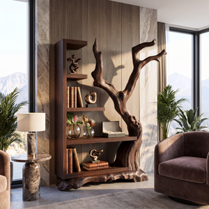 Tall Solid Wood Bookshelf with Sculptural Tree Form Organic Modern Display Shelf