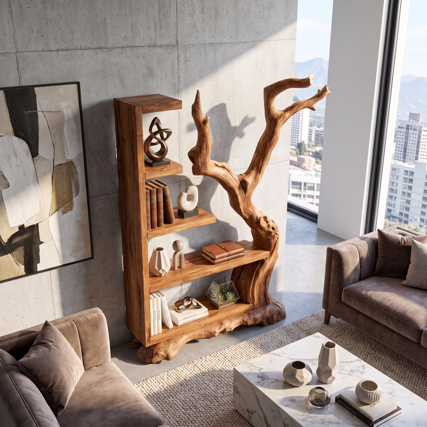 Tall Solid Wood Bookshelf with Sculptural Tree Form Organic Modern Display Shelf