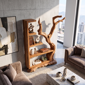 Tall Solid Wood Bookshelf with Sculptural Tree Form Organic Modern Display Shelf