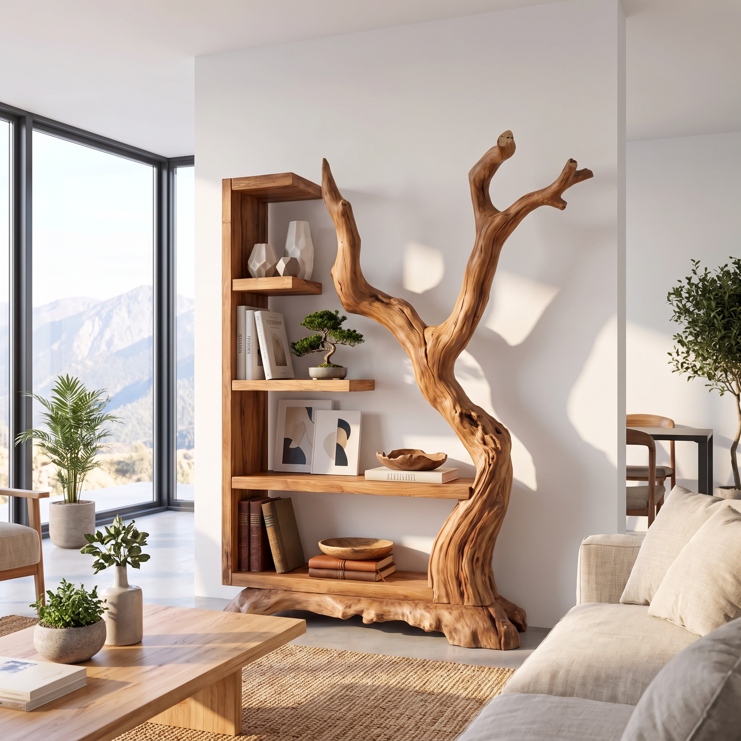 Tall Solid Wood Bookshelf with Sculptural Tree Form Organic Modern Display Shelf