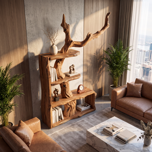 Sculptural Solid Wood Bookshelf with Tree Branch Form Organic Modern