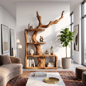 Sculptural Solid Wood Bookshelf with Tree Branch Form Organic Modern
