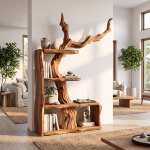Sculptural Solid Wood Bookshelf with Tree Branch Form Organic Modern