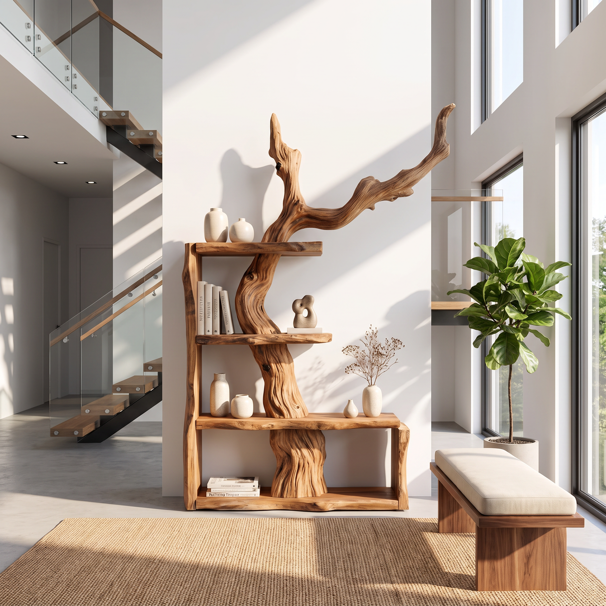 Sculptural Solid Wood Bookshelf with Tree Branch Form Organic Modern