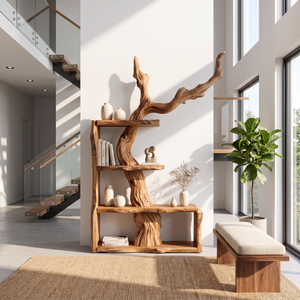 Sculptural Solid Wood Bookshelf with Tree Branch Form Organic Modern