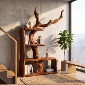 Sculptural Solid Wood Bookshelf with Tree Branch Form Organic Modern