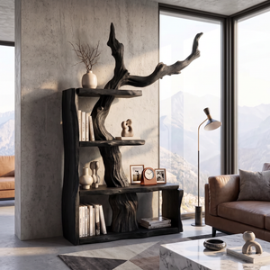 Sculptural Solid Wood Bookshelf with Tree Branch Form Organic Modern