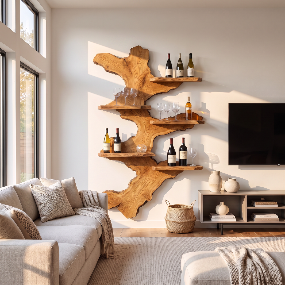 Wall Mounted Wine Rack Solid Wood with Abstract Live Edge Form and Floating Shelves