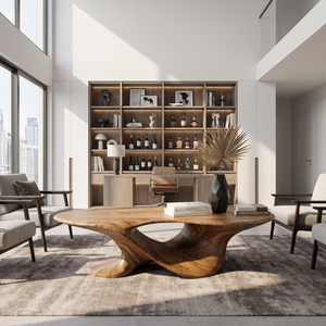 Coffee Table Solid Wood with Sculptural Flowing Arch Base for Living Room