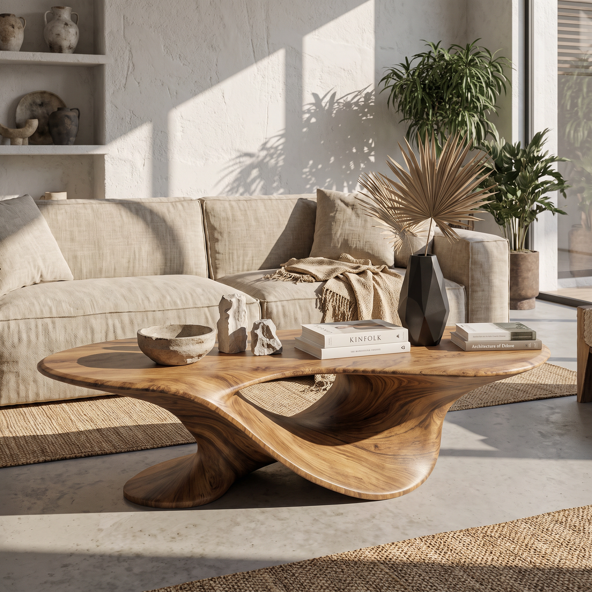 Coffee Table Solid Wood with Sculptural Flowing Arch Base for Living Room