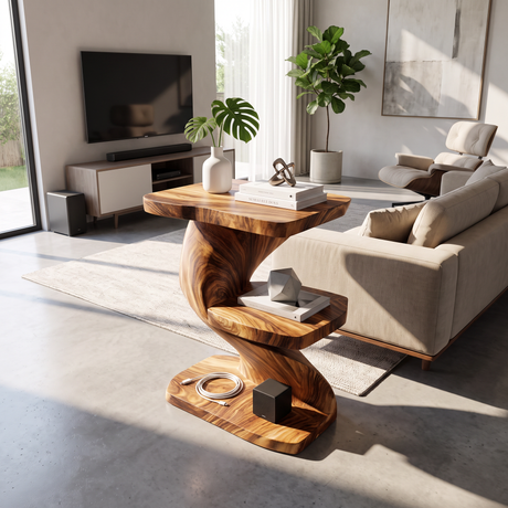 Sculptural Solid Wood Z Side Table with Shelves