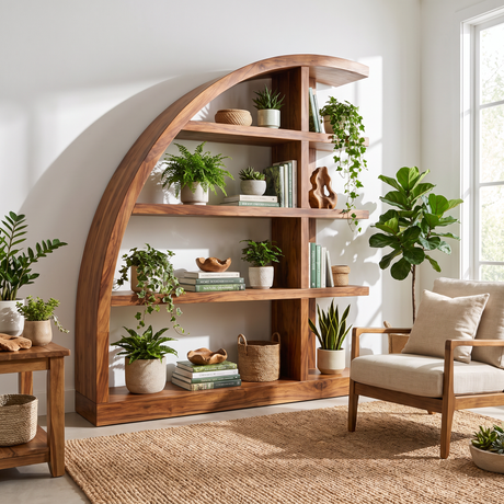 Sculptural Solid Wood Bookshelf with Curved Arch Frame and Open Display Shelves