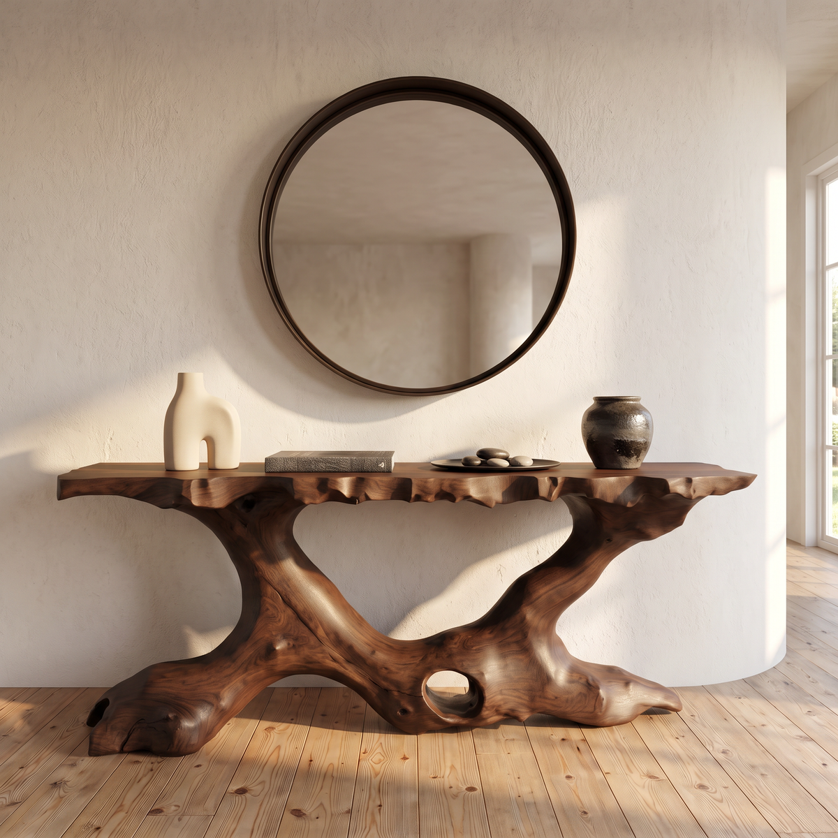 Console Table Solid Wood with Organic Tree Root Base for Entryway Decor