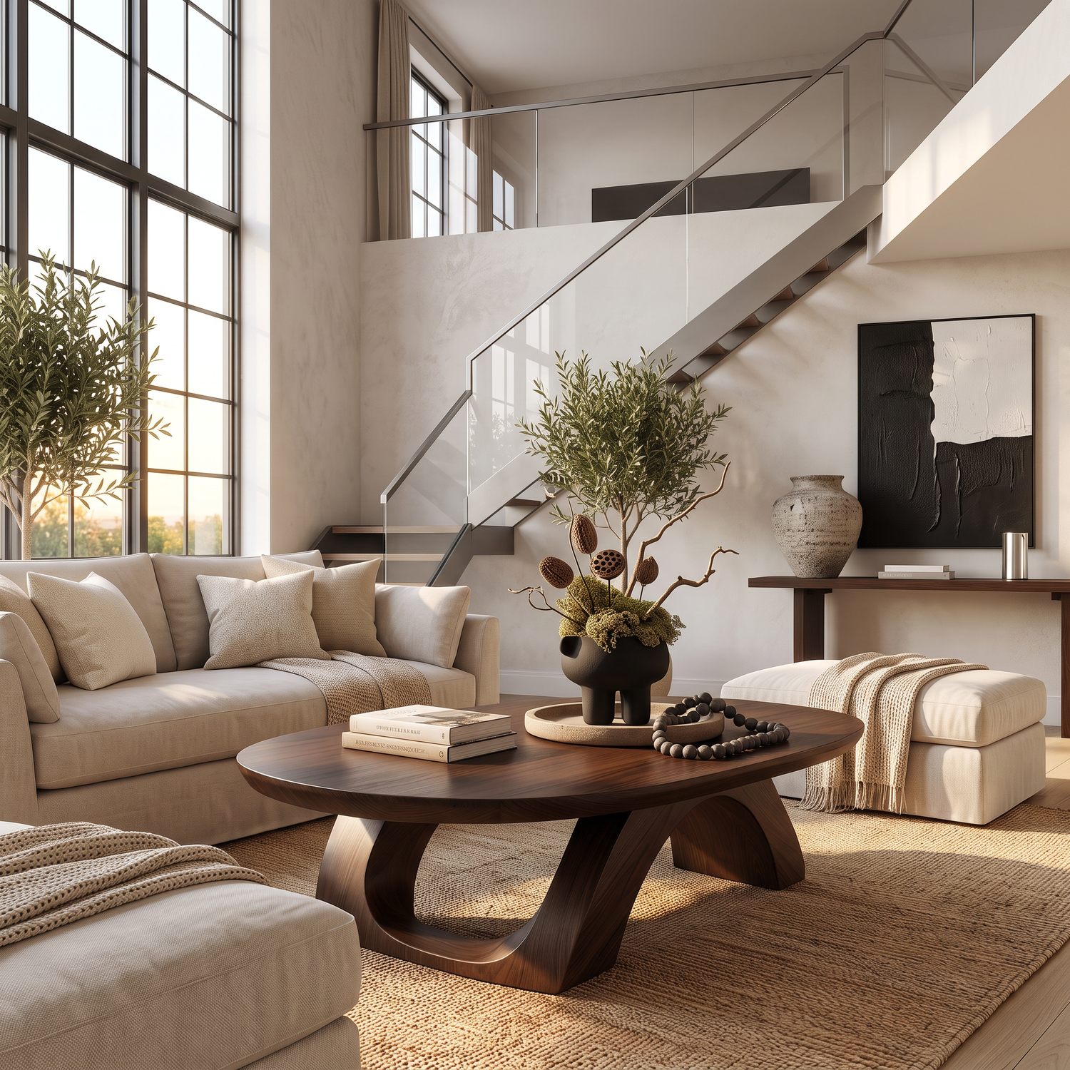 Coffee Table Solid Wood with Sculptural Twin Arch Base