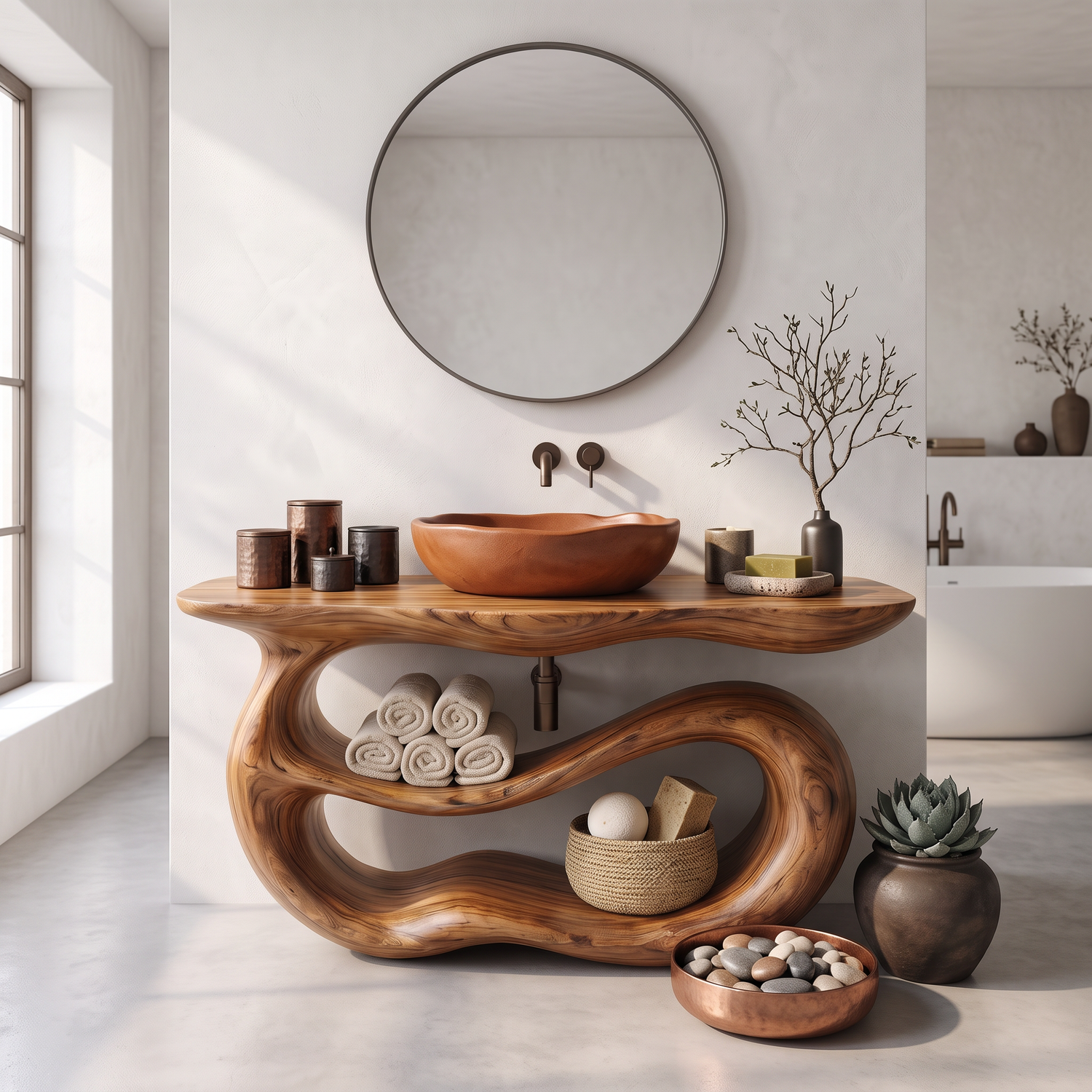 Bathroom Vanity Solid Wood with Sculptural Double Loop Base and Open Shelf Storage