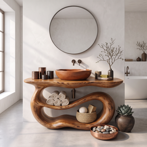 Bathroom Vanity Solid Wood with Sculptural Double Loop Base and Open Shelf Storage