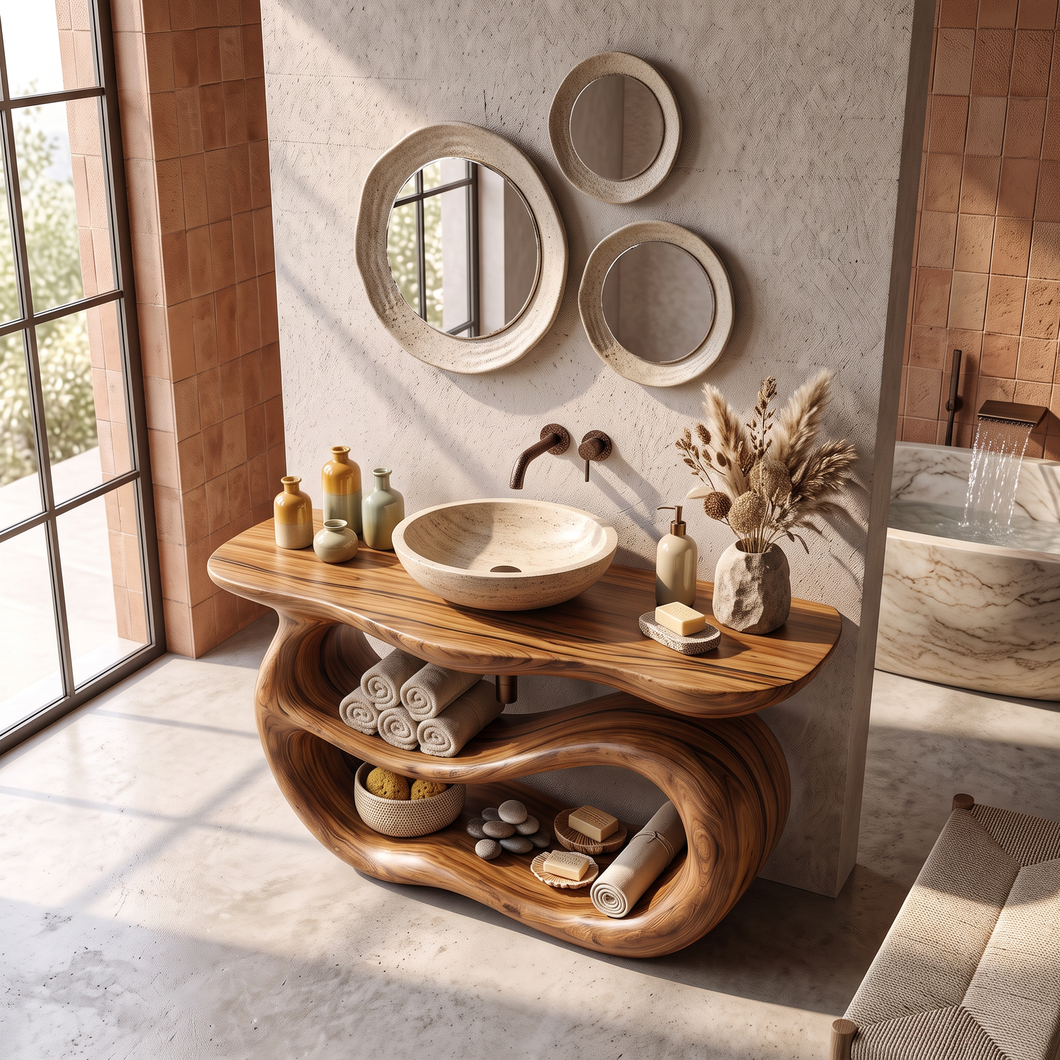 Bathroom Vanity Solid Wood with Sculptural Double Loop Base and Open Shelf Storage