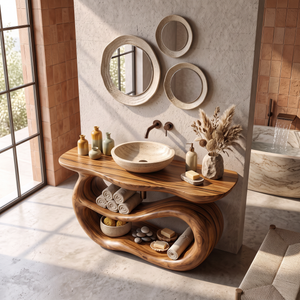 Bathroom Vanity Solid Wood with Sculptural Double Loop Base and Open Shelf Storage