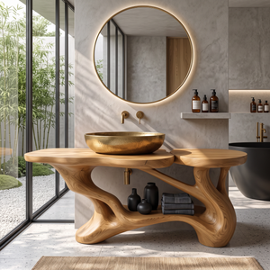 Bathroom Vanity Solid Wood with Sculptural Branch Frame and Open Shelf Storage