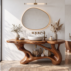 Bathroom Vanity Solid Wood with Sculptural Branch Frame and Open Shelf Storage