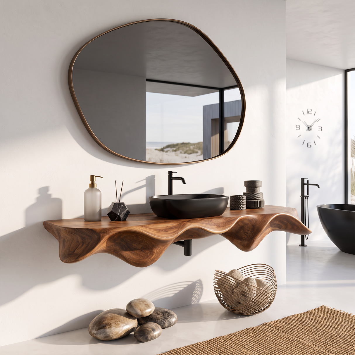 Bathroom Vanity Solid Wood with Sculptural Wave Edge Countertop