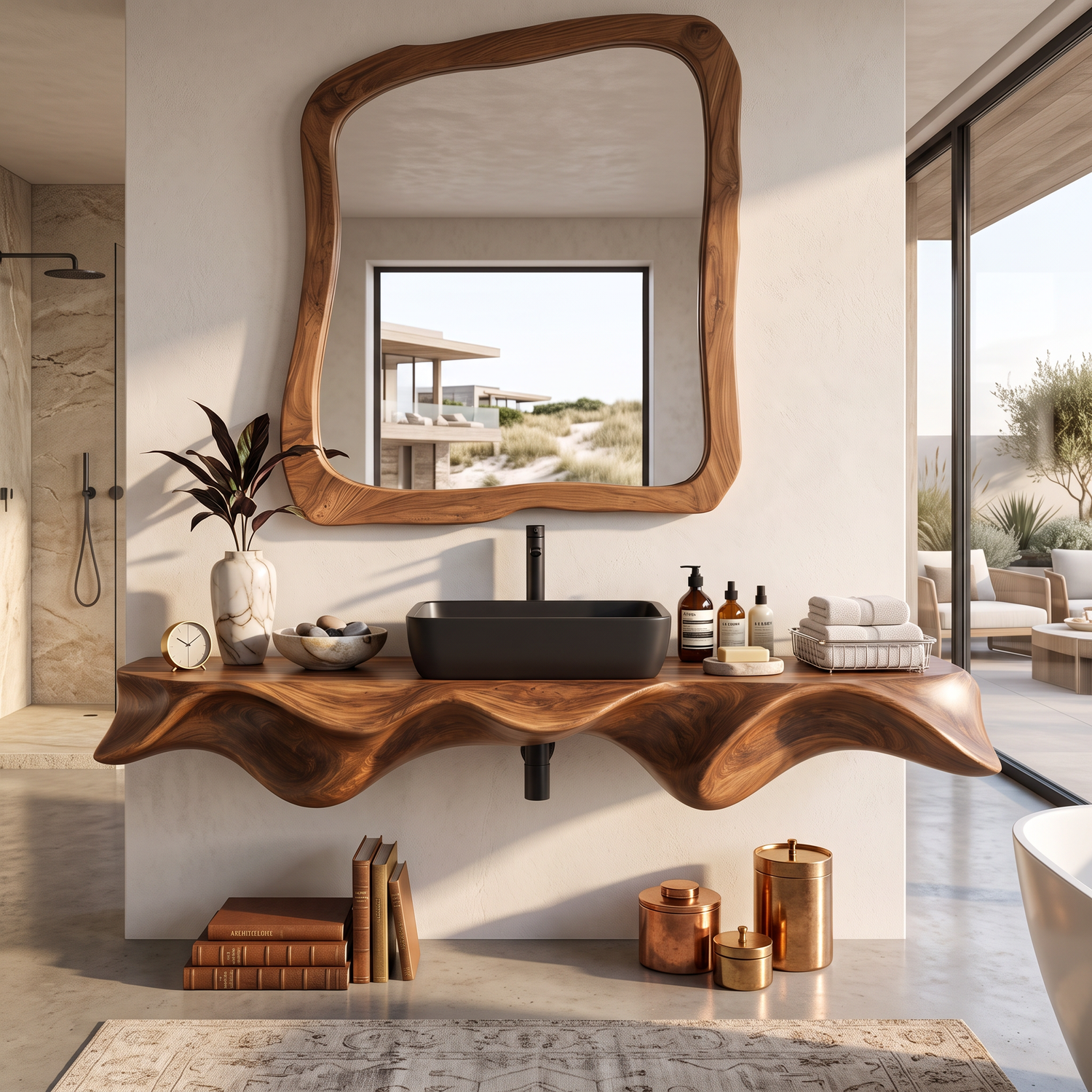 Bathroom Vanity Solid Wood with Sculptural Wave Edge Countertop