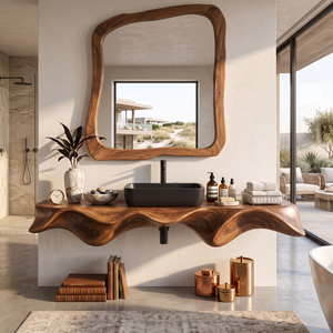 Bathroom Vanity Solid Wood with Sculptural Wave Edge Countertop