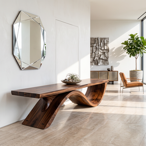 Bench Solid Wood with Sculptural Ribbon Wave Base