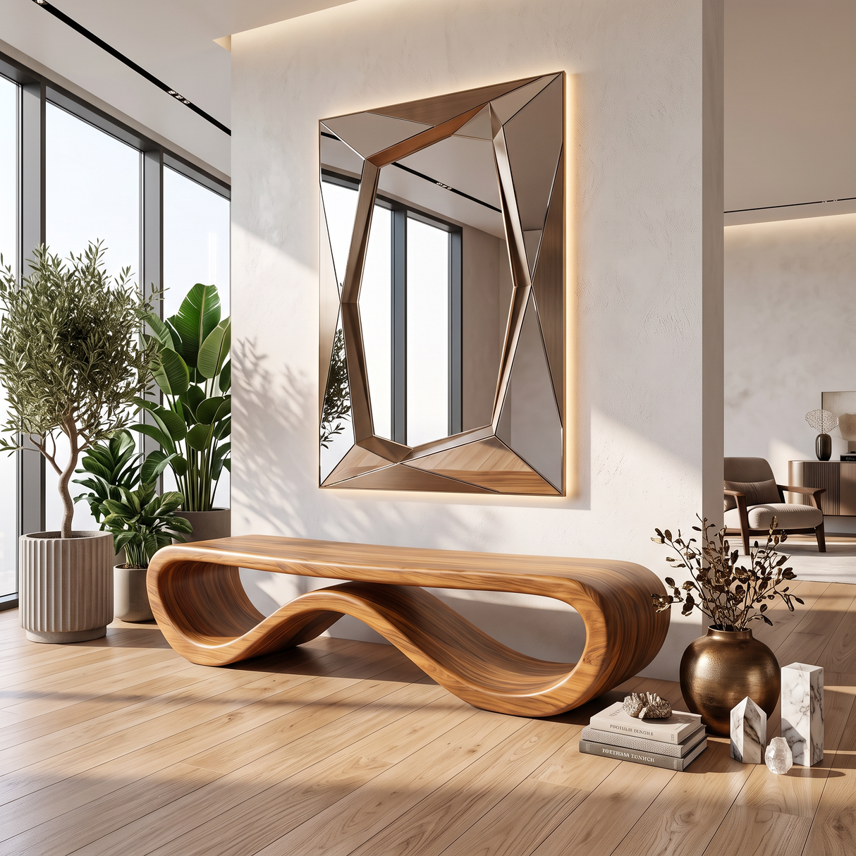 Bench Solid Wood with Sculptural Infinity Loop Base for Entryway Seating