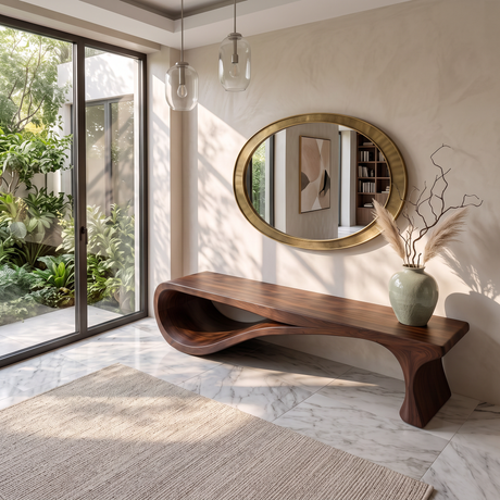 Bench Solid Wood with Sculptural Infinity Loop Base
