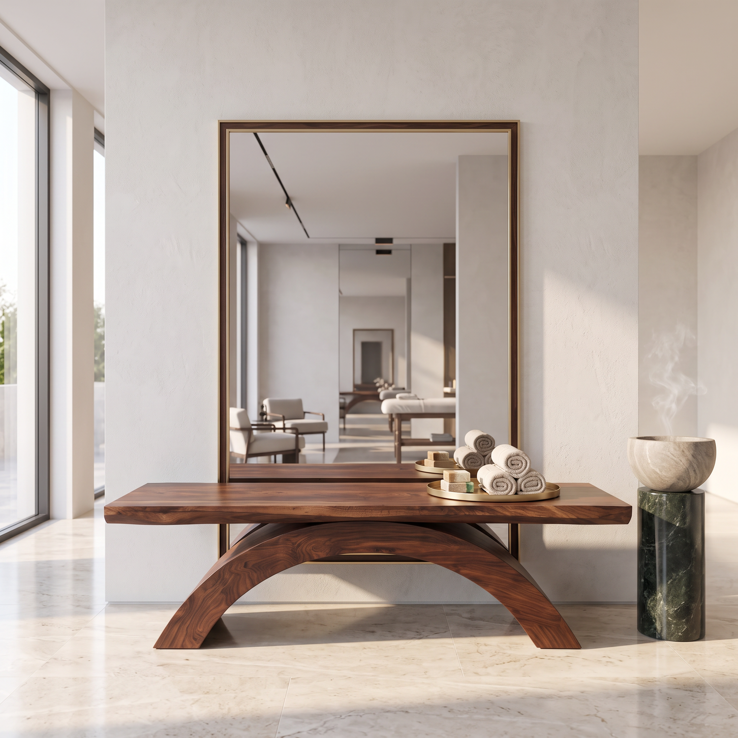 Bench Solid Wood with Sculptural Crossing Arch Base for Entryway Seating