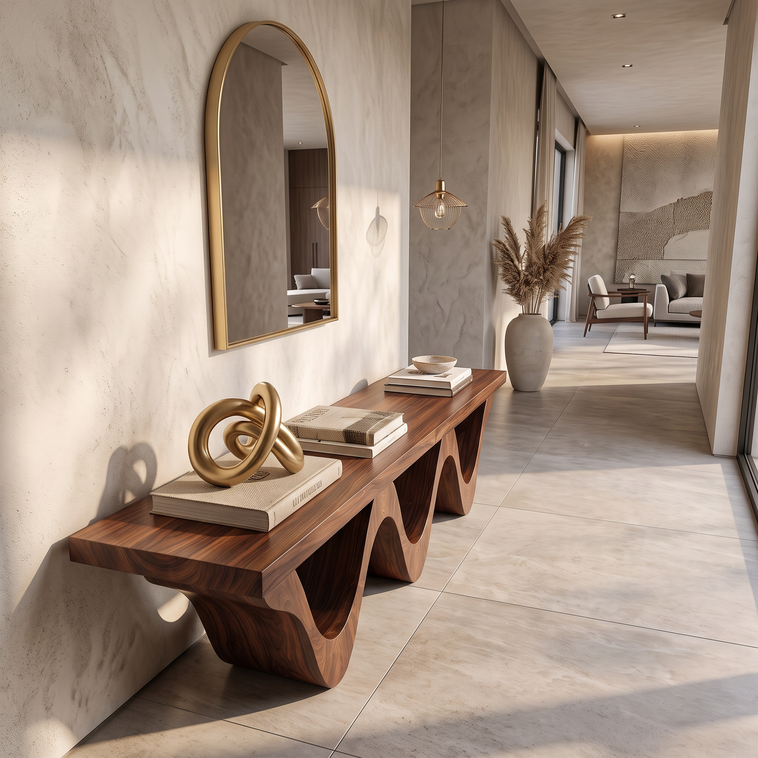Bench Solid Wood with Sculptural Triple Wave Base