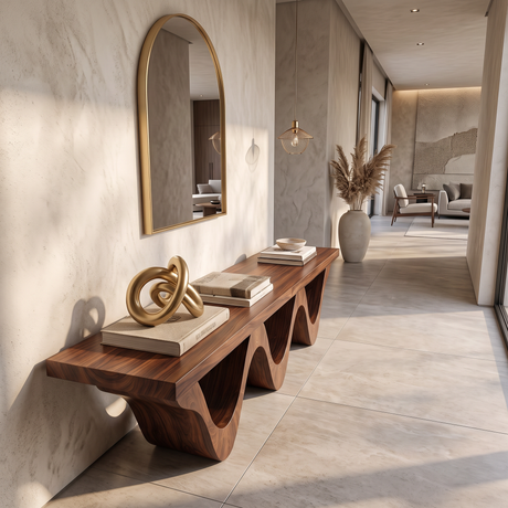 Bench Solid Wood with Sculptural Triple Wave Base
