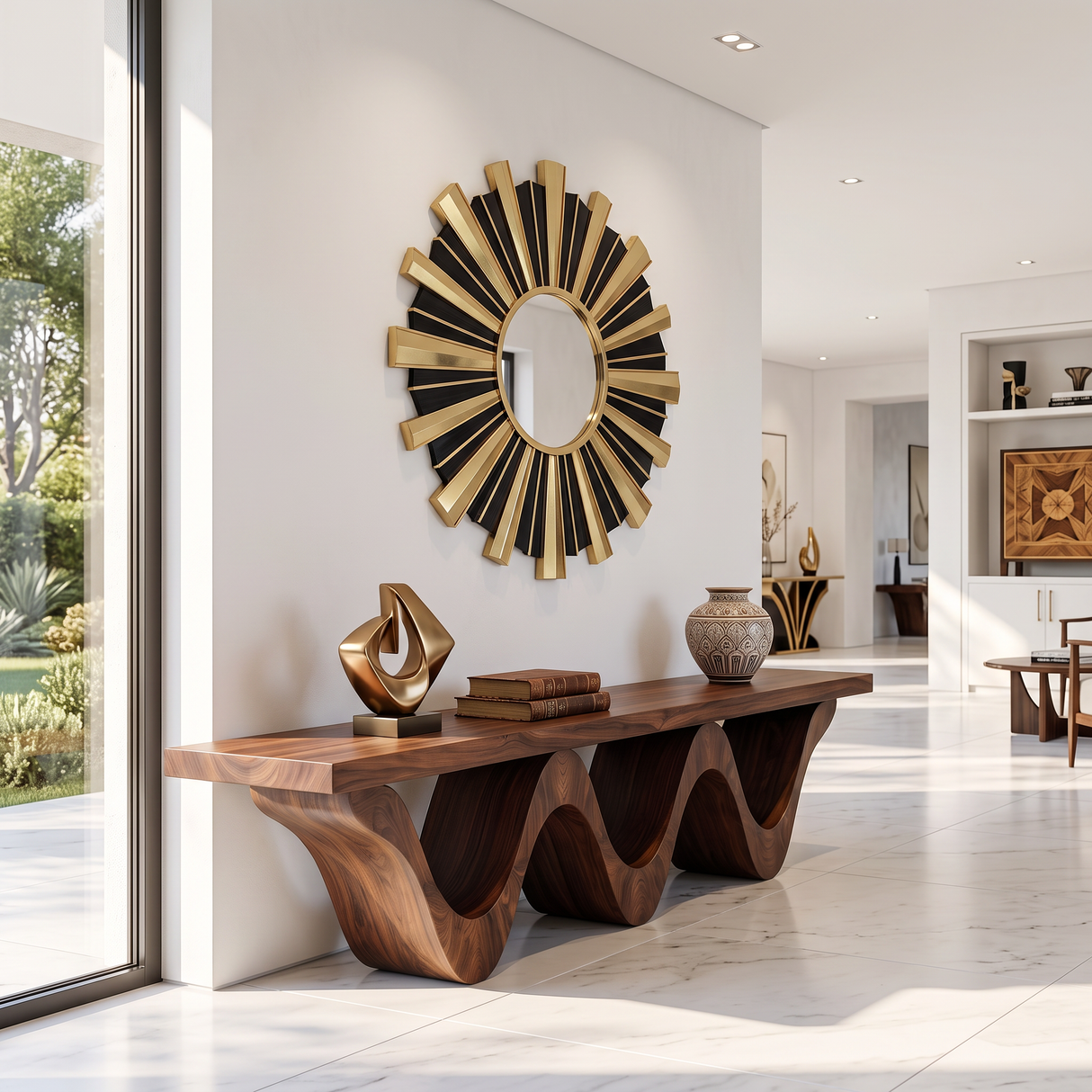 Bench Solid Wood with Sculptural Triple Wave Base