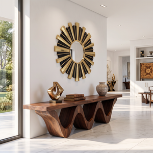 Bench Solid Wood with Sculptural Triple Wave Base
