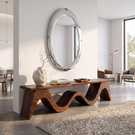 Bench Solid Wood with Sculptural Continuous Wave Base for Entryway Seating