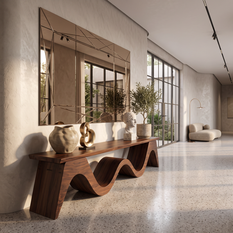 Bench Solid Wood with Sculptural Continuous Wave Base for Entryway Seating