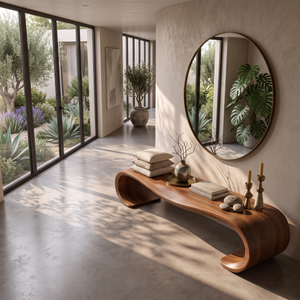 Bench Solid Wood with Sculptural Waterfall Loop Base for Entryway Seating