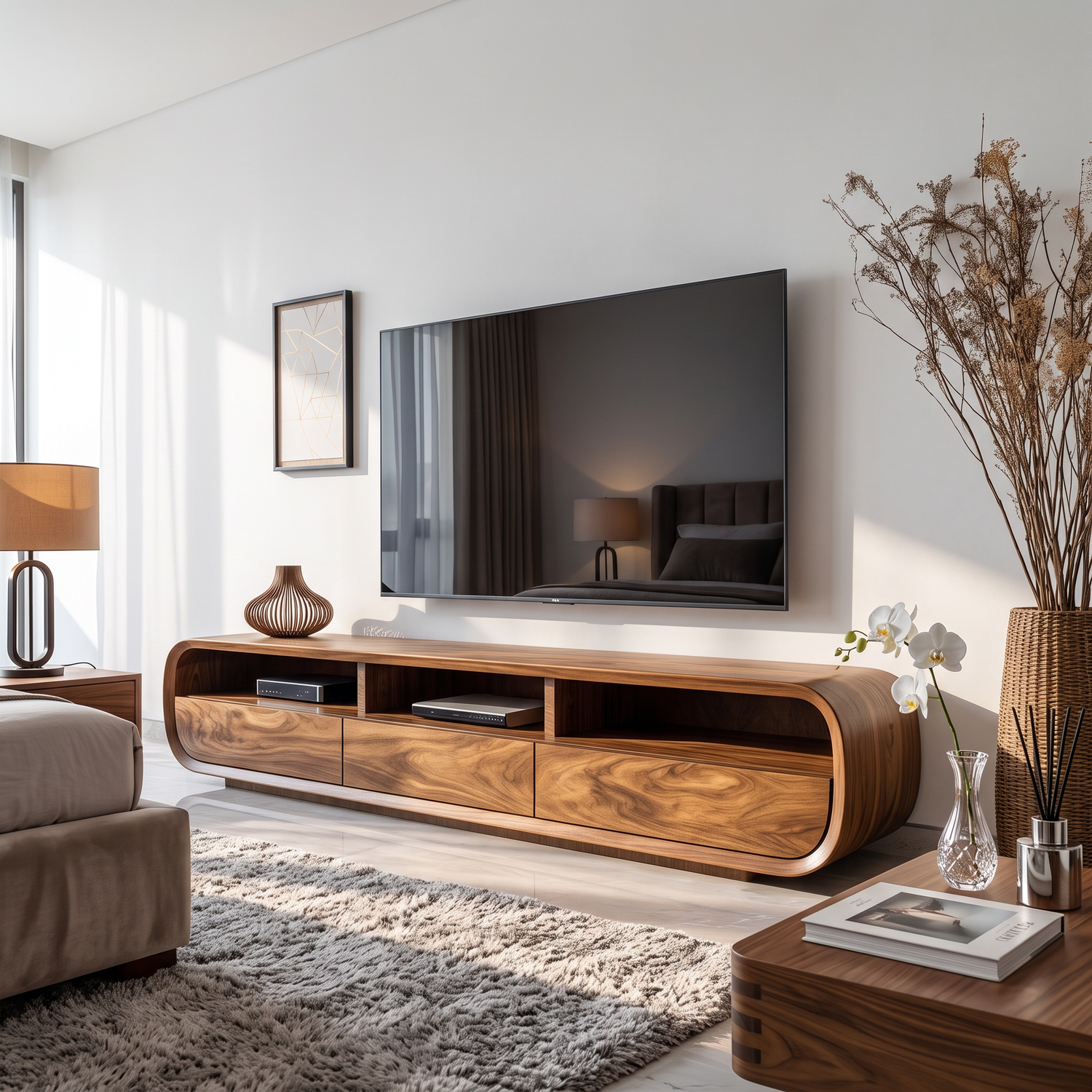 Solid Wood Entertainment Unit Curved Storage Media Console Organic Modern TV Cabinet