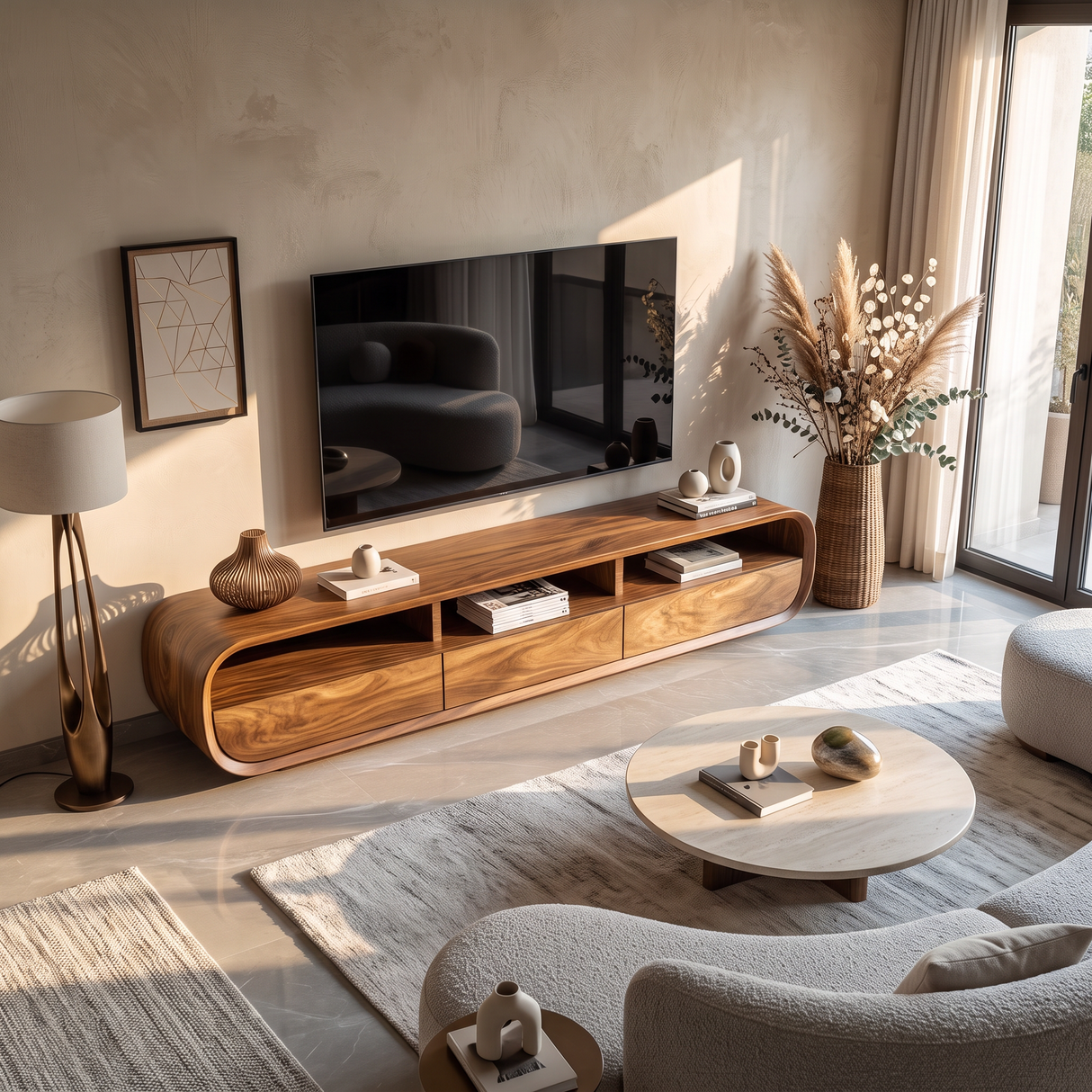 Solid Wood Entertainment Unit Curved Storage Media Console Organic Modern TV Cabinet